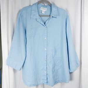 Peck & Peck Womens Button‎ Up Shirt 100% Linen XLarge Lt Blue Embroidered Beach